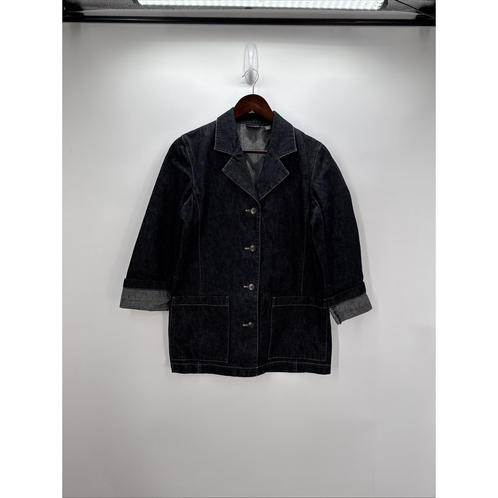 Chico's Platinum Black Denim Jacket Size 0 Misses 4 Button Up Front